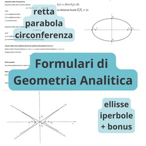 May include: A diagram with mathematical formulas and geometric shapes. The text includes "Formulari di Geometria Analitica", "retta", "parabola", "circonferenza", "ellisse", and "iperbole". The diagram features equations and geometric representations.
