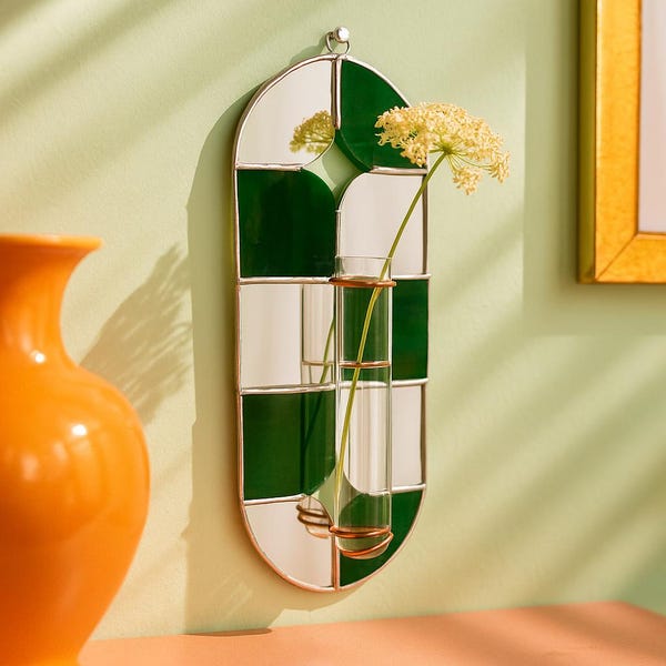 Stained Glass Wall Vase, Green Mirror Checkerboard Propagation Station, Garden Art Plant Decor