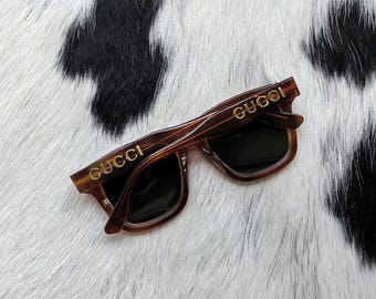 Gucci Oversized Sunglasses Authentic Brown Gold Logo Square Wrap