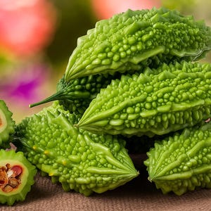 May include: A collection of fresh, green bitter gourds, some whole and some sliced open to reveal the seeds. The gourds have a bumpy, textured surface and are arranged on a brown surface.
