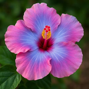 以下が含まれることがあります： 鮮やかなハイビスカスの花のクローズアップ。花びらはピンクから青に変化し、赤と黄色の中心があります。背景には緑の葉が見え、自然な美しさを生み出しています。