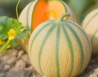 May include: Close-up of ripe cantaloupe melons. The melons have a light yellow rind with green vertical stripes. One melon is cut open, revealing bright orange flesh. The image also shows green leaves and yellow flowers, suggesting a garden setting.
