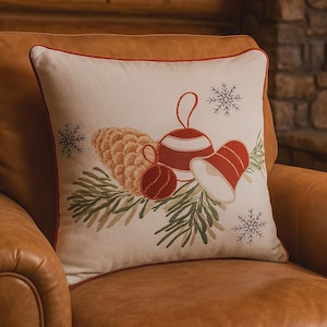 Kerstkussenhoes 45x45 cm | Geborduurd Katoenen Sierkussenhoes | Sneeuwvlok Dennenboom Klokjes | Landelijk Vintage Rustiek Kerstdecoratie
