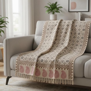 Urbane Hide / Manta tradicional con estampado a mano / 130 x 180 cm / Manta para sofá con flecos / Cubrecama 100 % algodón
