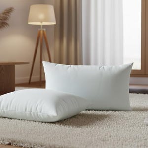 May include: Two white rectangular pillows on a cream-colored shag rug. The pillows are in a living room setting with a wooden coffee table, a floor lamp, and a vase with dried plants. A wooden bowl with stones is also visible.