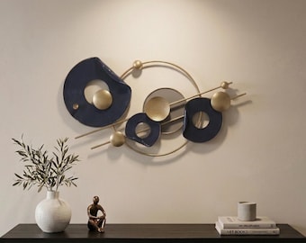 Urbane Hide Metal Wall Art – Navy Blue Gold Abstract Geometric Sculpture (50.8x91.4 cm)