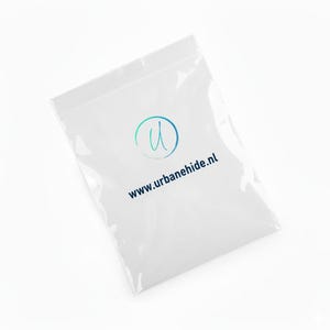 May include: A clear plastic bag with a white background. The bag has a logo with a blue and green design and the text "www.urbanehide.nl" in blue.