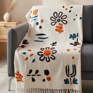 Urbane Hide / Copriletto per divano ricamato e tessuto a mano / 130 x 150 cm / Plaid con frange / Copriletto 100% cotone