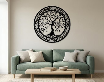Metal Tree of Life Wall Art – Greek Key Border Sculpture Decor (76x76 cm)