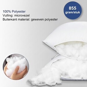 May include: White pillow with a visible zipper, filled with fluffy, white microfiber. The pillow is made of 100% polyester and weighs 855 grams. The image also shows a close-up of the filling.