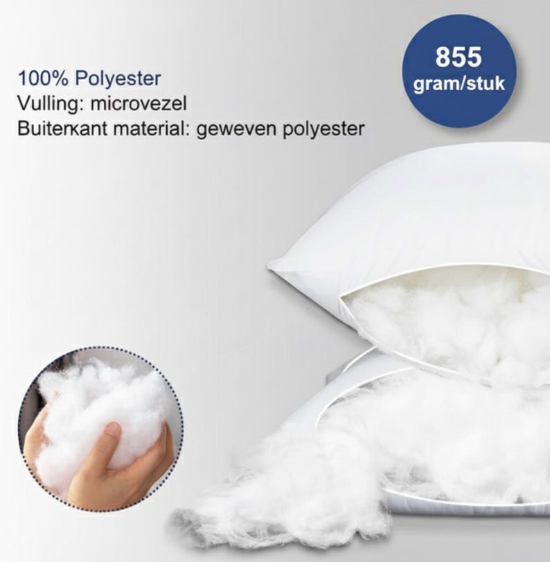 May include: White pillow with a visible zipper, filled with fluffy, white microfiber. The pillow is made of 100% polyester and weighs 855 grams. The image also shows a close-up of the filling.