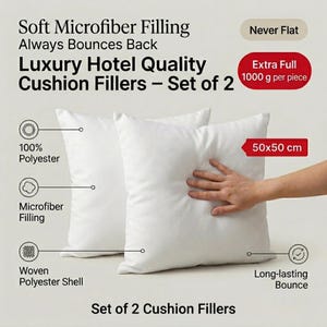 Könnte beinhalten: Ein Set aus zwei weißen, quadratischen Kissenfüllungen mit Mikrofaserfüllung und einer Hülle aus gewebtem Polyester. Jede Füllung misst 50x50 cm und enthält 1000 Gramm Füllmaterial. Der Text enthält die Aufschrift Soft Microfiber Filling.