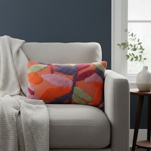 Verbergen | Boho decoratieve kussenhoes | Meerkleurige getufte kussensloop met bladeren | 30 x 50 cm | Katoenen kussensloop