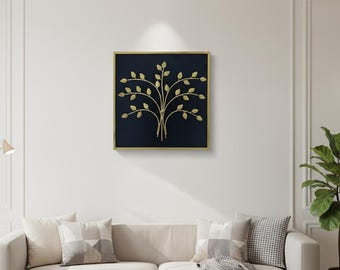 Urbane Hide - Gold Tree Metal Wall Art - Botanical Minimalist Framed Wall Decor - 50x50 cm
