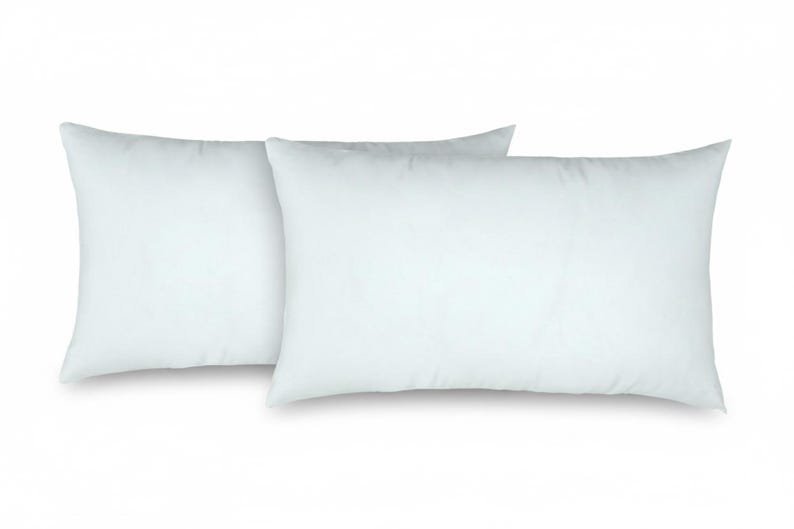 May include: Two white rectangular pillows are displayed against a white background. The pillows are side by side, with a soft, fluffy appearance. The pillowcases are a solid, light color.