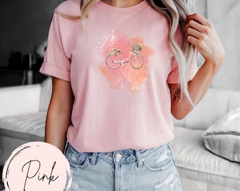 Women's Pink Bicycle T-Shirt – Vintage Bike with Flowers, Romantic Cycling Outfit, Summer Look, Gift for Her