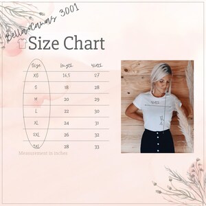 May include: White t-shirt size chart with measurements in inches. The chart lists sizes XS to 3XL, with corresponding lengths and widths. The image also shows a person wearing a white t-shirt.