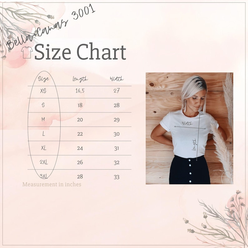 May include: White t-shirt size chart with measurements in inches. The chart lists sizes XS to 3XL, with corresponding lengths and widths. The image also shows a person wearing a white t-shirt.