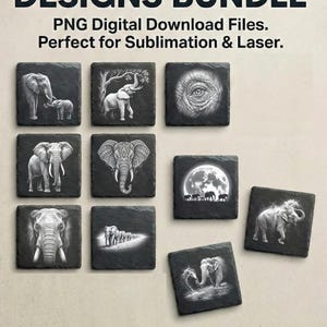 May include: A collection of ten square black coasters, each featuring a unique grayscale elephant design. The designs include detailed illustrations of elephants in various poses, with text that reads "10 UNIQUE DESIGNS BUNDLE".