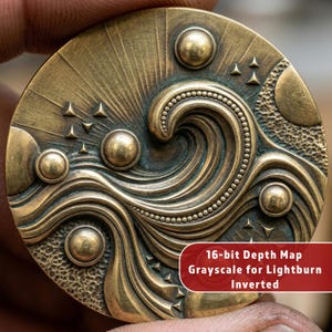 May include: A detailed, circular bronze relief sculpture featuring a stylized ocean wave design with sun rays, stars, and spherical accents. The text "16-bit Depth Map Grayscale for Lightburn Inverted" is visible on the lower right.