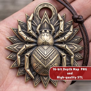 Può includere: Un ciondolo color bronzo con un design a ragno geometrico centrato su uno sfondo a raggiera con punte affilate. Il ragno ha un addome decorato ed è sospeso a un cordino in pelle marrone scuro. Testo: 16-bit Depth Map PNG and High-quality STL.