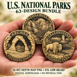 May include: Three circular bronze-toned medallions featuring embossed U.S. National Parks designs: Arches, Yosemite, and Yellowstone. The text U.S. NATIONAL PARKS 63-DESIGN BUNDLE and 16-BIT DEPTH MAP PNG + STL LOW RELIEF DIGITAL DOWNLOAD NO PHYSICAL ITEM is visible.