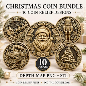 Könnte beinhalten: Ein digitales Set aus 10 weihnachtlichen Münzrelief-Designs mit goldfarbenen kreisförmigen Illustrationen von Weihnachtsmann, Rentierschlitten, Nussknacker, Dampfzug und Weihnachtsbaum. Der Text umfasst CHRISTMAS COIN BUNDLE, 10 COIN RELIEF DESIGNS, 10 DESIGNS, DEPTH MAP PNG + STL und COIN RELIEF FILES DIGITAL DOWNLOAD.