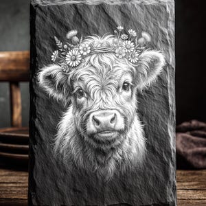 May include: A black rectangular slate features a detailed white illustration of a Highland cow wearing a floral crown. The text "LASER READY PNG" is at the top. The cow's fur is textured, and the flowers are daisies and thistles.