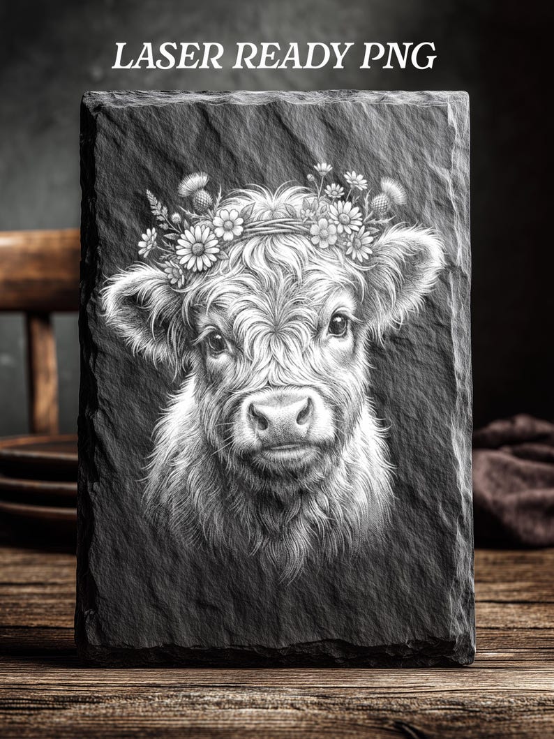 May include: A black rectangular slate features a detailed white illustration of a Highland cow wearing a floral crown. The text "LASER READY PNG" is at the top. The cow's fur is textured, and the flowers are daisies and thistles.