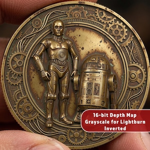 May include: A bronze-colored coin featuring C-3PO and R2-D2 from Star Wars. The coin has a detailed, steampunk-inspired design with gears and binary code around the edges. The text "16-bit Depth Map Grayscale for Lightburn Inverted" is visible.