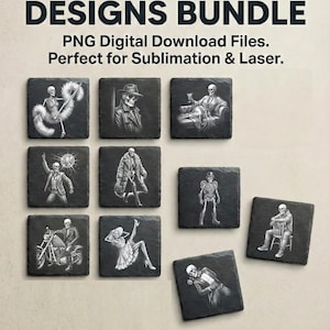 May include: A collection of ten square black designs, each with a different skeleton illustration. The text at the top reads "10 UNIQUE DESIGNS BUNDLE" and "PNG Digital Download Files. Perfect for Sublimation & Laser."
