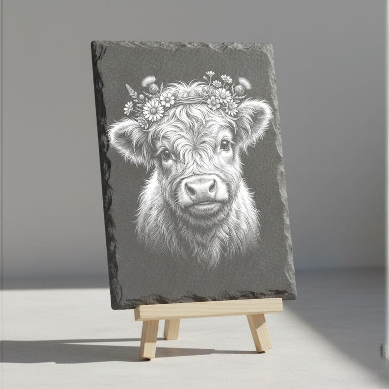 May include: A rectangular slate sign featuring a detailed white illustration of a Highland cow wearing a floral crown. The sign is displayed on a small wooden easel, showcasing the artwork's intricate details and rustic charm.