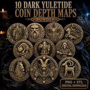 May include: A digital bundle of 10 circular coin depth maps featuring dark Yuletide imagery, including figures like a horned creature, a hooded person with a lantern, and a goat, with the text 10 DARK YULETIDE COIN DEPTH MAPS BUNDLE and PNG + STL DIGITAL DOWNLOAD.