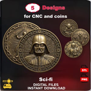 Może przedstawiać: Brązowe monety o tematyce science-fiction z Darthem Vaderem, Yodą i innymi postaciami. Obraz zawiera tekst "5 Designs for CNC and coins", "Sci-fi DIGITAL FILES INSTANT DOWNLOAD" oraz ikony typów plików STL i PNG.