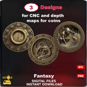 Könnte beinhalten: Drei detaillierte Münzdesigns im Fantasy-Thema, mit einer Karte, einem Drachen und einer Kreatur mit einem Fisch. Die Münzen sind in Bronze gehalten und weisen aufwendige Reliefdetails auf. Der Text enthält "3 Designs" und "Fantasy Digital Files".