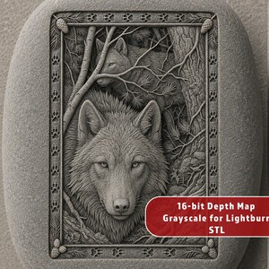 May include: A gray stone carving featuring a detailed relief of two wolves in a forest setting. The design includes trees, branches, and a border of paw prints. Text on the image reads "16-bit Depth Map Grayscale for Lightburn STL".