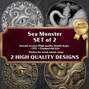 Könnte beinhalten: Ein Set aus zwei detaillierten Seeungeheuer-Designs. Die Designs zeigen ein Krakenauge, Tentakel und einen Leuchtturm. Der Text lautet "Sea Monster SET of 2" und "2 HIGH QUALITY DESIGNS". Geeignet für Holz, Metall und Stein.
