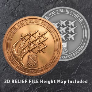 May include: A bronze-colored coin featuring the U.S. Navy Blue Angels flight demonstration squadron. The coin depicts jets in formation with smoke trails, and the text "U.S. Navy Blue Angels" and "Flight Demonstration Squadron" are visible.
