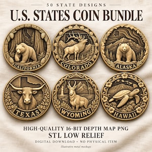 US States Coin Depth Map Bundle, 50 Designs, 16-Bit PNG and STL Low Relief