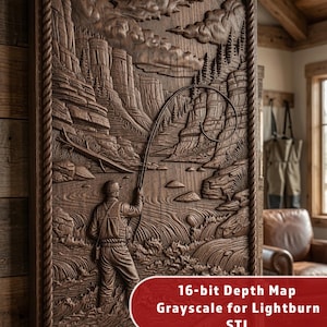 May include: A rectangular wooden wall carving featuring a relief scene of a person fly fishing in a river near rocky cliffs and clouds. The border is a carved rope design. Text on the image reads: 16-bit Depth Map Grayscale for Lightburn STL.