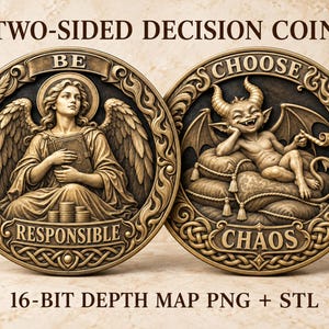 Könnte beinhalten: Eine zweiseitige Entscheidungsmünze mit einem Engel, der ein Buch hält, und dem Text BE RESPONSIBLE auf der einen Seite sowie einer gehörnten Kreatur auf Kissen mit dem Text CHOOSE CHAOS auf der anderen. Die Münze hat ein metallisches Bronze-Finish mit detaillierten Rändern und enthält den Text 16-BIT DEPTH MAP PNG + STL.