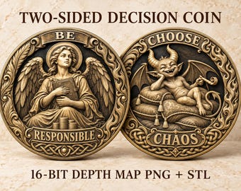 May include: A two-sided decision coin featuring an angel holding a book with the text BE RESPONSIBLE on one side and a horned creature lounging on pillows with the text CHOOSE CHAOS on the other. The coin has a metallic bronze finish with intricate border details and includes 16-BIT DEPTH MAP PNG + STL text.