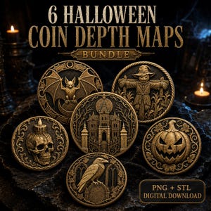 Könnte beinhalten: Ein digitales Set aus 6 Halloween-Münz-Tiefenkarten mit bronzefarbenen, kreisförmigen Designs. Die Münzen zeigen geprägte Motive einer Fledermaus, einer Vogelscheuche, eines Spukschlosses, eines Schädels mit Kerze, eines Kürbisses und eines Raben.
