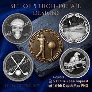 Könnte beinhalten: Ein Set aus fünf kreisförmigen digitalen Designs mit Golfthemen, darunter ein Totenkopf mit Mütze, ein Golfspieler beim Schlag, ein Golfplatz mit Fahne, gekreuzte Golfschläger und ein Adler mit dem Text DRIVE FOR SHOW, PUTT FOR DOUGH.