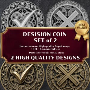 Può includere: Set di due monete decisionali con design a ingranaggi. Una moneta presenta un segno di spunta, l'altra una X. Il testo recita "DESISION COIN SET of 2" e "2 HIGH QUALITY DESIGNS". Include un sigillo "BEST VALUE!"