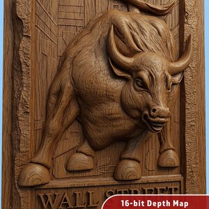 May include: A detailed wooden carving of a bull in a dynamic pose, set against a backdrop of stylized buildings. The words "WALL STREET NEW" are carved at the bottom. The image also includes text that reads "16-bit Depth Map Grayscale for Lightburn STL".