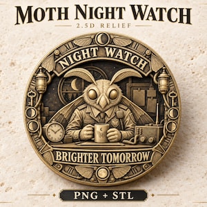 May include: A circular bronze-toned 2.5D relief medallion featuring a moth character in a uniform sitting at a desk with a mug, clock, and radio. The text reads MOTH NIGHT WATCH, NIGHT WATCH, BRIGHTER TOMORROW, and PNG + STL. The border includes keys and moon phases.