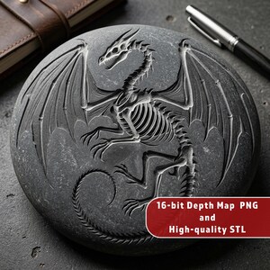 Dragon Skeleton 3D Relief Carving | Gothic Wall Art Wood Plaque | Aspire VCarve CNC Router | STL 16bit Depth Map PNG