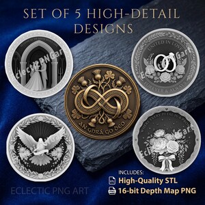 Könnte beinhalten: Ein Set aus fünf kreisförmigen digitalen Designs mit detaillierten Hochzeitsillustrationen. Eine goldfarbene Münze zeigt ein Unendlichkeitssymbol mit Disteln und den Text AN GHRA GO DEO. Vier monochrome Grafiken zeigen ein Paar, Eheringe, eine Taube und einen Blumenstrauß mit Texten wie UNITED IN LOVE und WHERE EVERY PETAL IS A PROMISE.