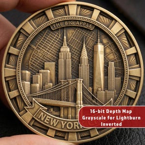 Mapa de profundidad de grabado profundo del horizonte de la ciudad de Nueva York en relieve 3D / Moneda conmemorativa / Láser de fibra STL / Puente de Brooklyn, rascacielos de Manhattan, Nueva York